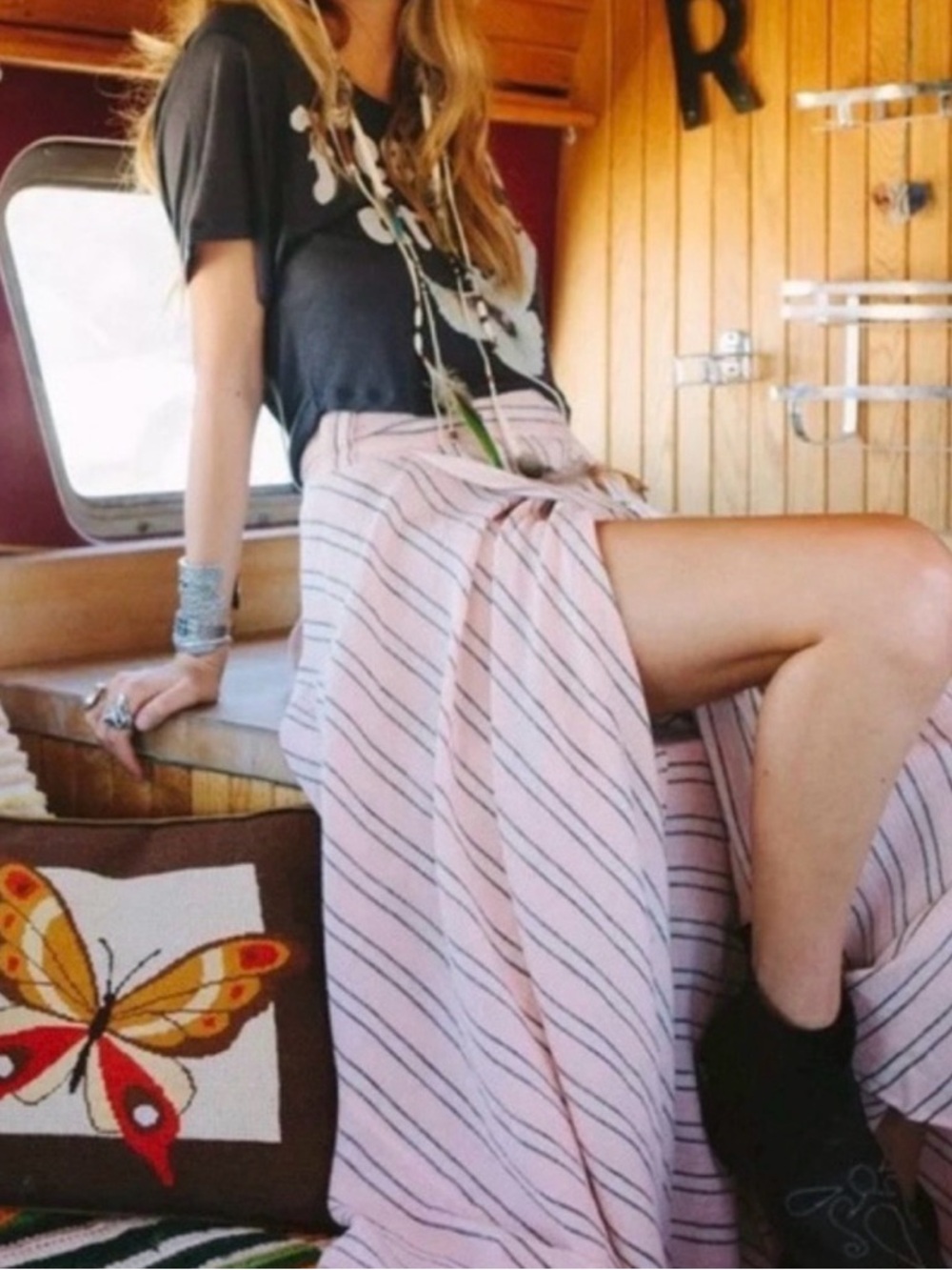 Spell Pink and Black Striped High-Low Maxi Skirt